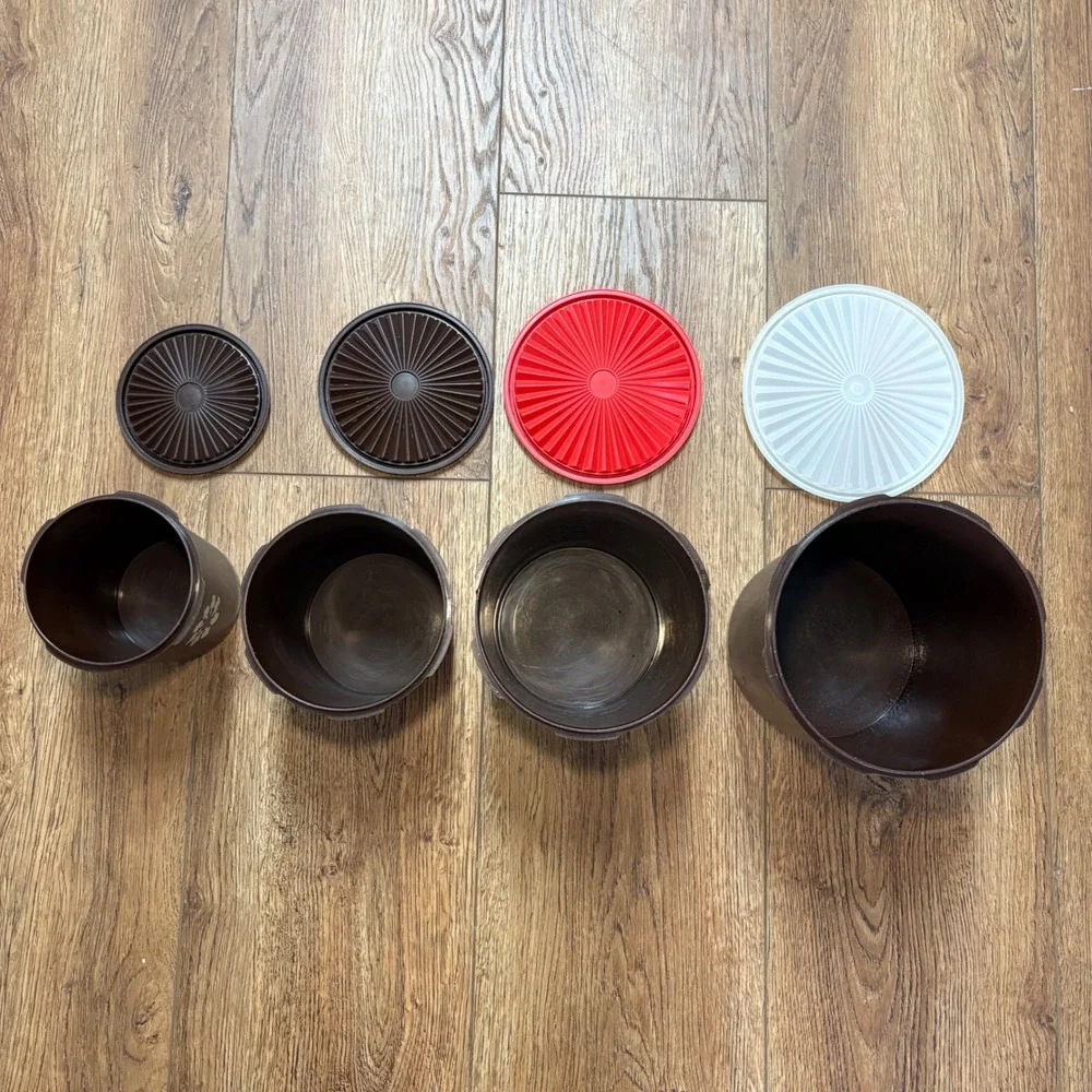 Tupperware Servalier 4 Pc Nesting Canister Mushroom Set Brown w/Lids VTG 70s USA